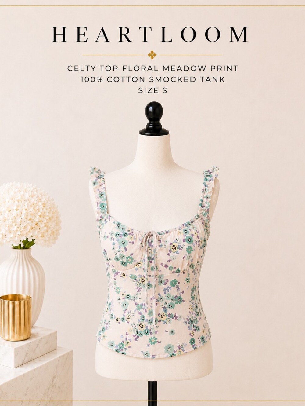 Heartloom Celty Top Floral Meadow Print 100% Cotton Smocked Tank Size S